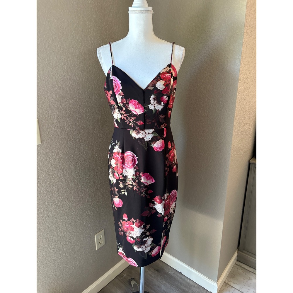 Sweet Storm Black Pink Floral Rose Bodycon Midi Dress Large